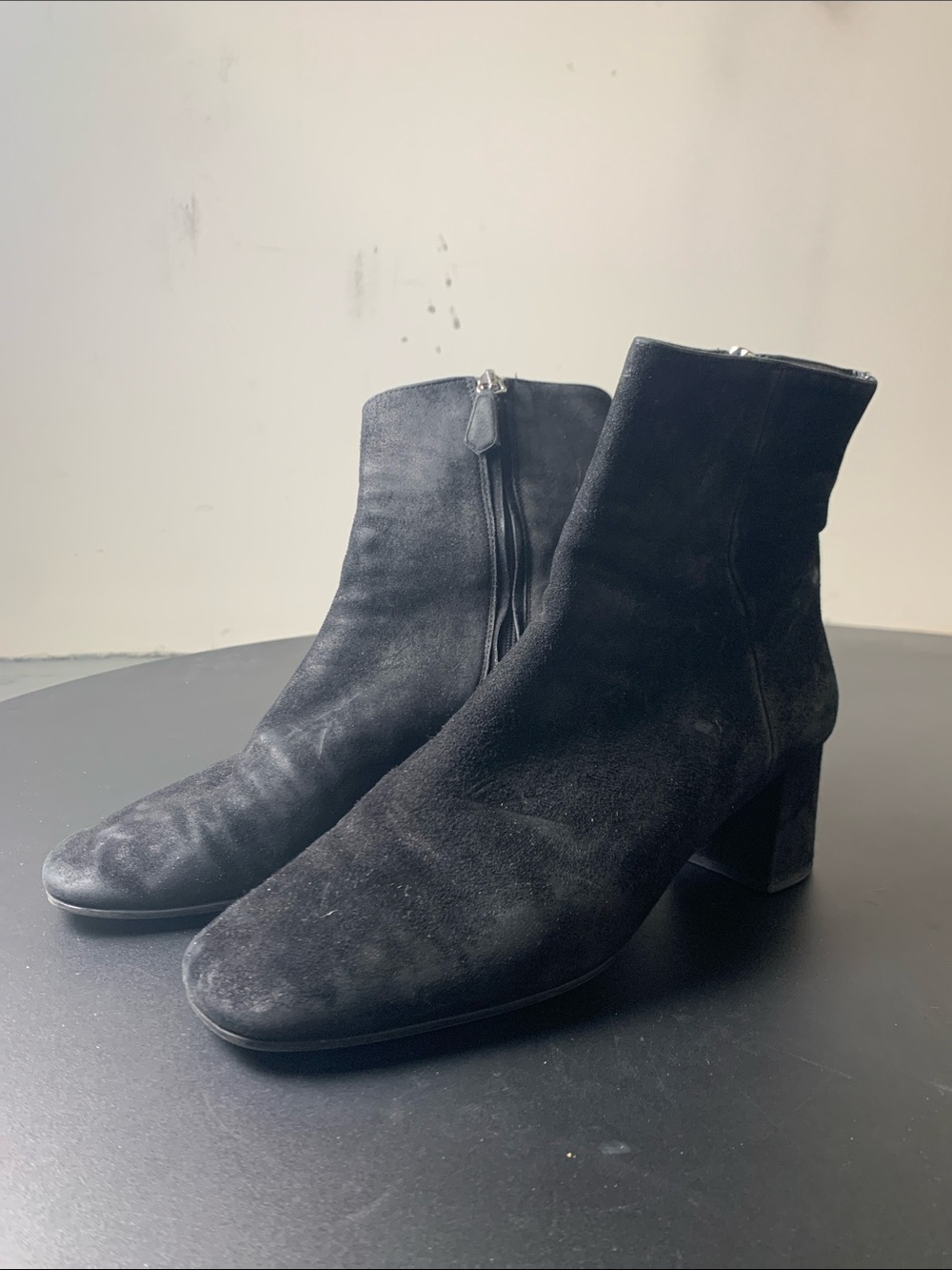 Prada Black Suede Ankle Boots with Block Heel and Side Zip - Rounded Square Toe
